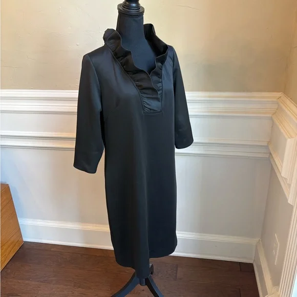 Gretchen Scott Designs Black Midi Dress with Ruffle Neckline - Picture 2 of 7